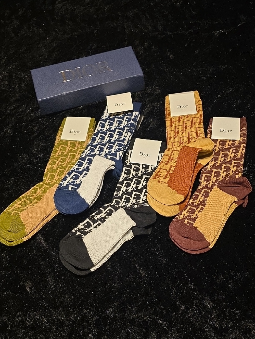 Dior Multicolor Logo Crew Socks Set — Green, Blue, Black, Orange, Brown